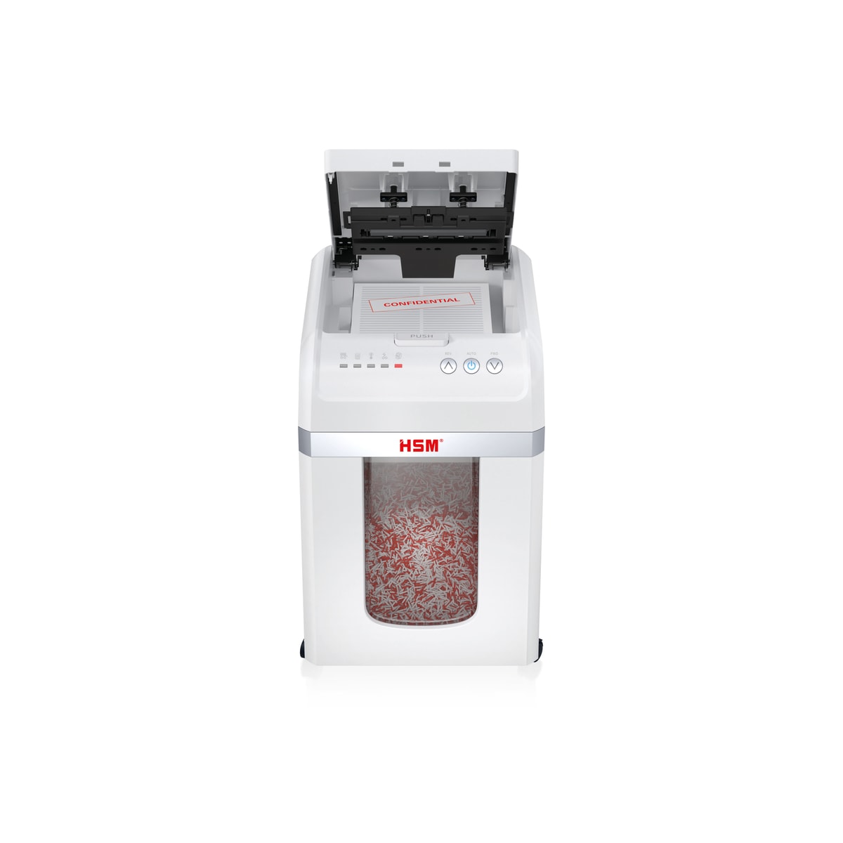 Couvercle ouvert sur le chargeur automatique du Destructeur HSM Autofeed X300 Shredstar 4 x 12 mm avec insertion papier automatique